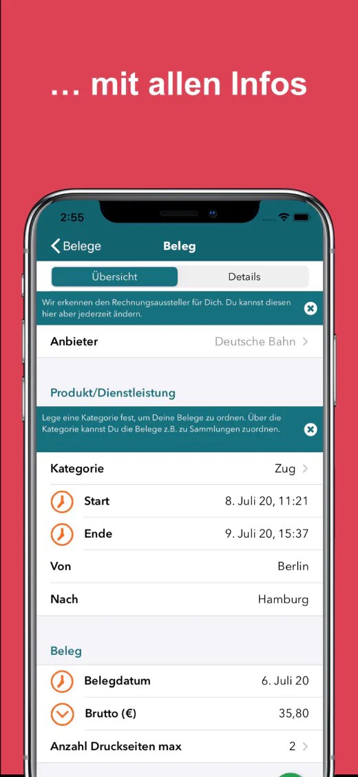Belegdetail mit erkannten Daten