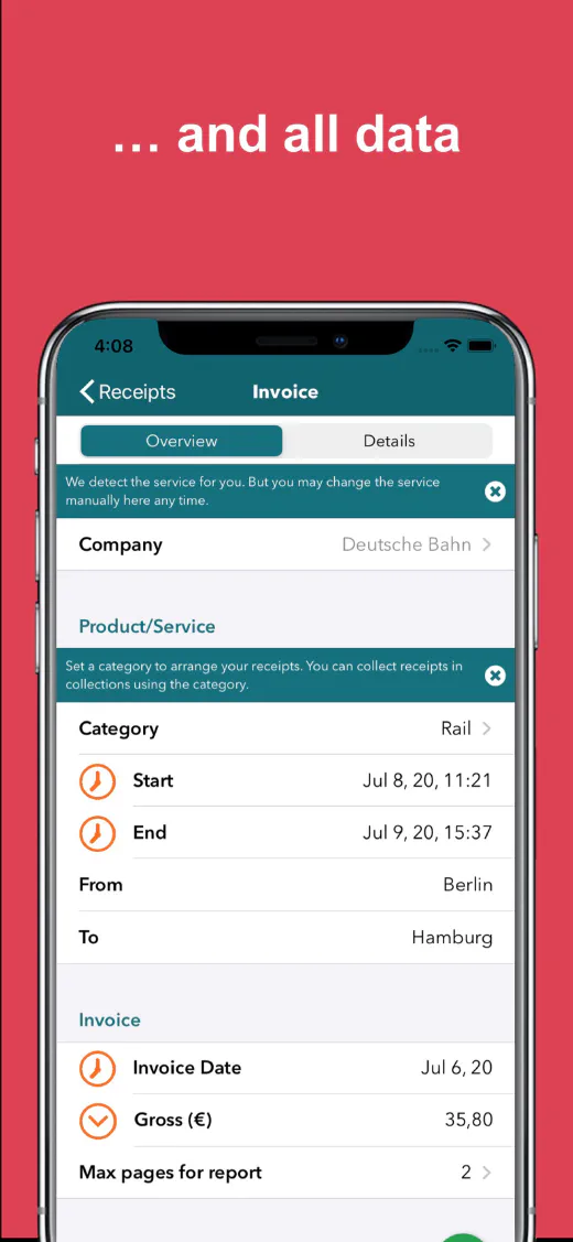 Receipt detail with recognised data